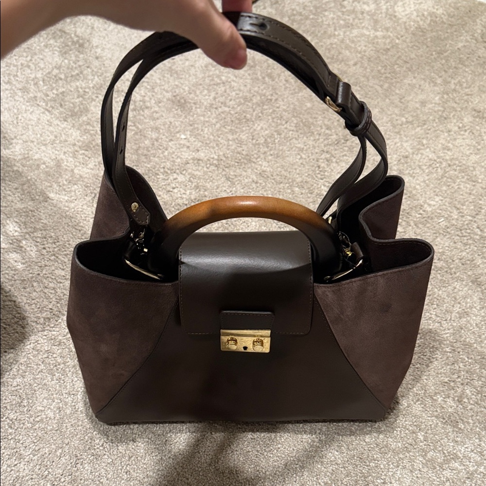 Dark Brown Suede & Leather Satchel Bag - Picture 3 of 11